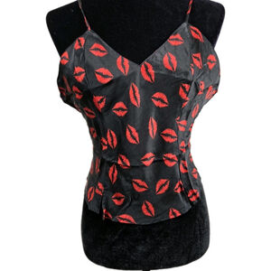 Magic Silk 100% Silk Black Red Lip Print Camisole Top Size M‎ – Sexy Vintage Y2K